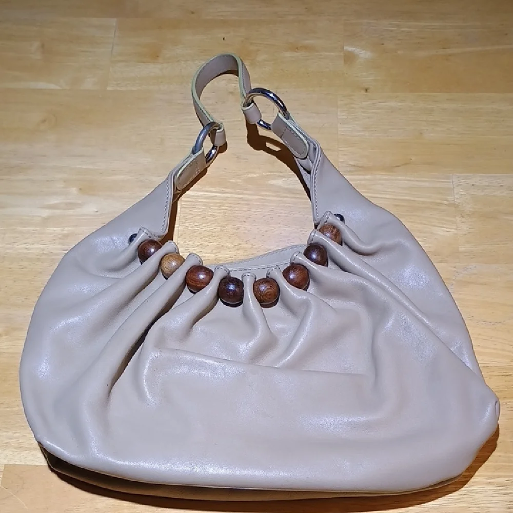 Paola Frani Tan Women's Bag with Wooden Accents